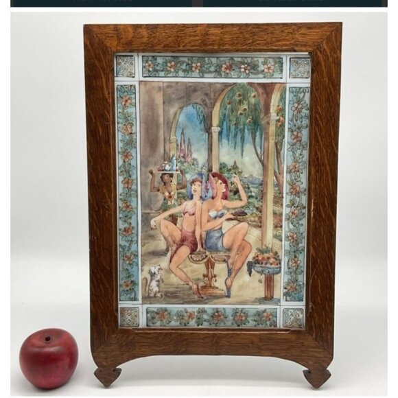 Vintage Porcelain Panel Italian Hand-Painted Framed 17” x 12” Ladies in Garden - Picture 2 of 4